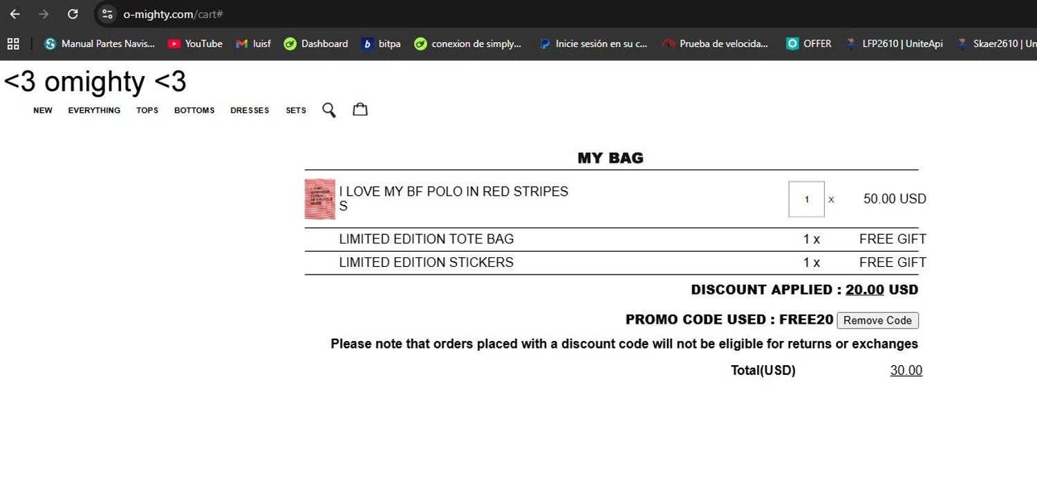 O-Mighty promo code screenshot showing code FREE20 applied at O-Mighty checkout page. Uploaded by SimplyCodes community member lfppernia on Dec 11, 2025