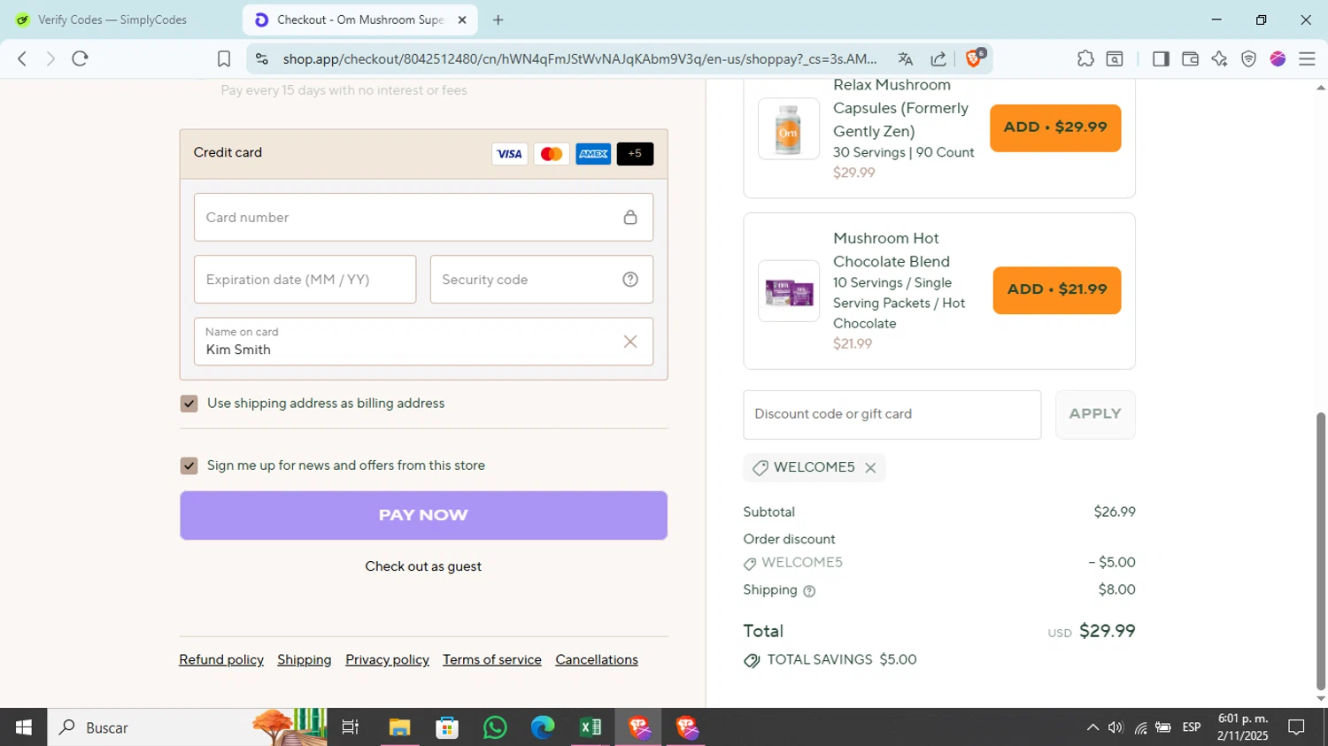 Om Mushroom Superfood promo code screenshot showing code welcome5 applied at Om Mushroom Superfood checkout page. Uploaded by SimplyCodes community member Kim_michi on Nov 2, 2025