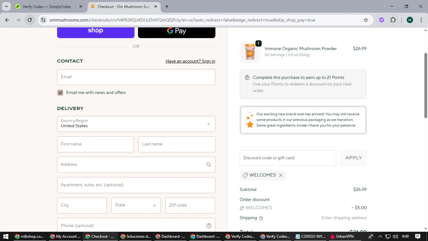 Om Mushroom Superfood promo code screenshot showing code welcome5 applied at Om Mushroom Superfood checkout page. Uploaded by SimplyCodes community member suieeloves on Sep 29, 2025