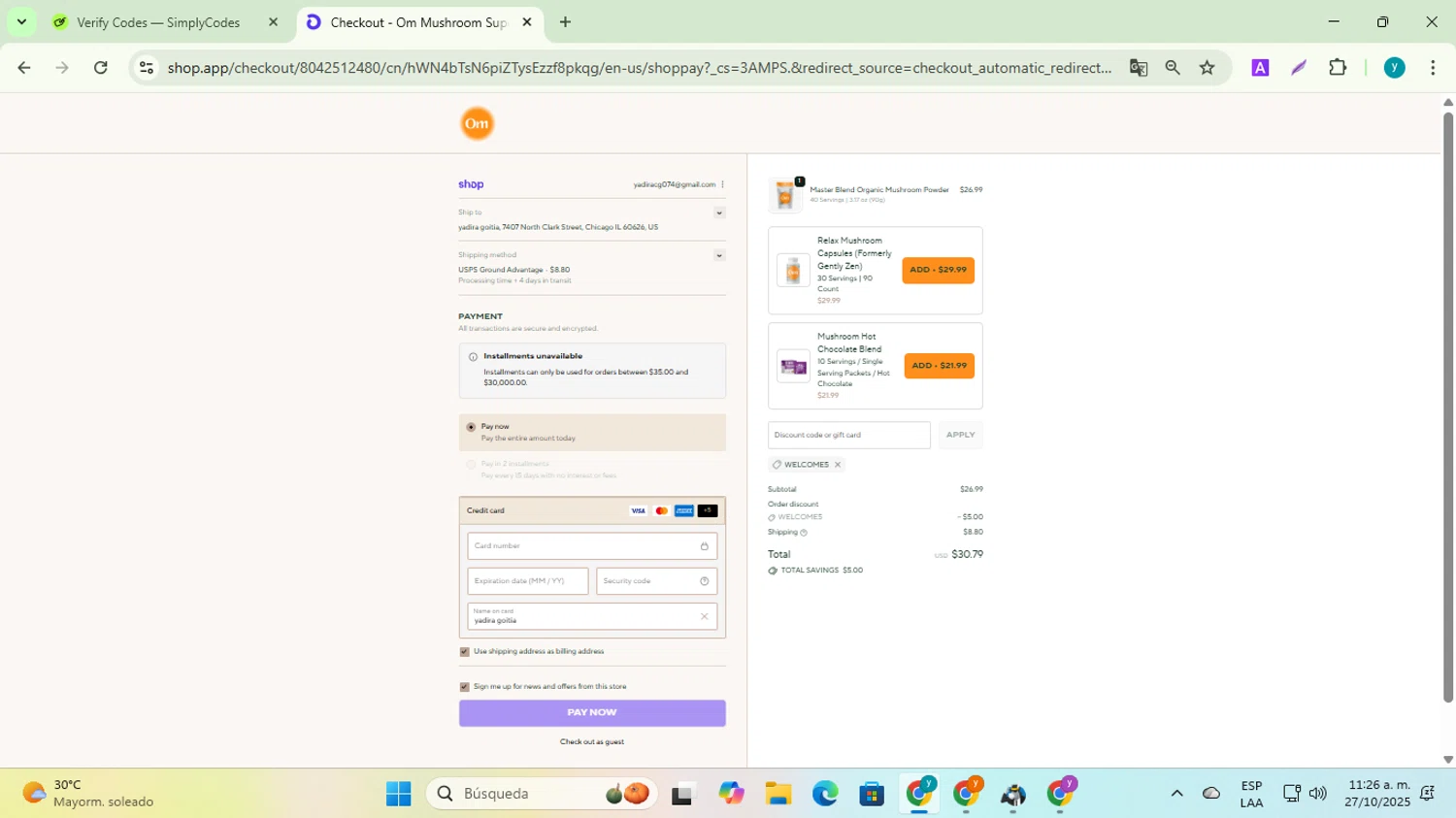 Om Mushroom Superfood promo code screenshot showing code welcome5 applied at Om Mushroom Superfood checkout page. Uploaded by SimplyCodes community member yadiracg074 on Oct 27, 2025