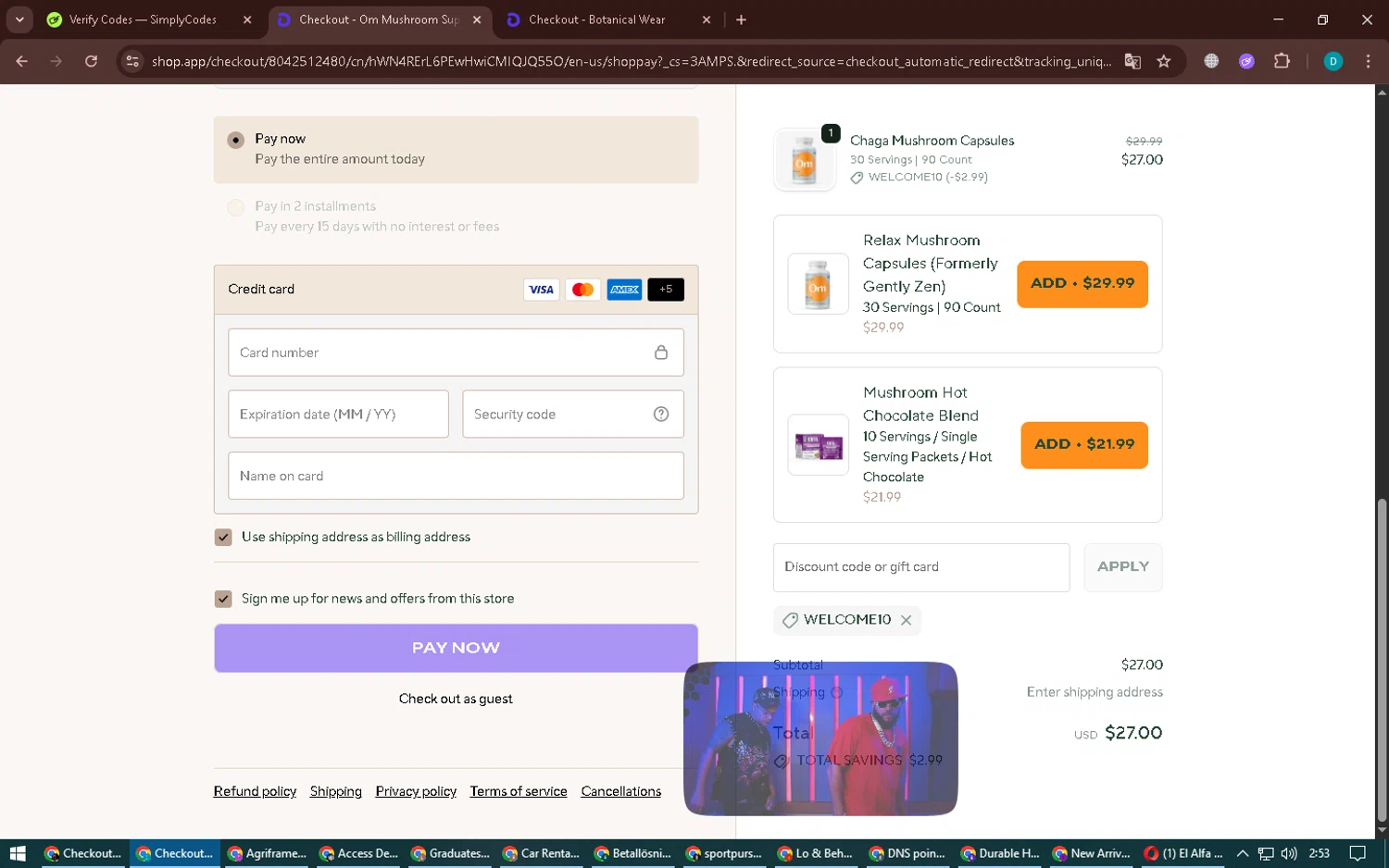 Om Mushroom Superfood promo code screenshot showing code WELCOME10 applied at Om Mushroom Superfood checkout page. Uploaded by SimplyCodes community member BonusPilot3825 on Oct 23, 2025