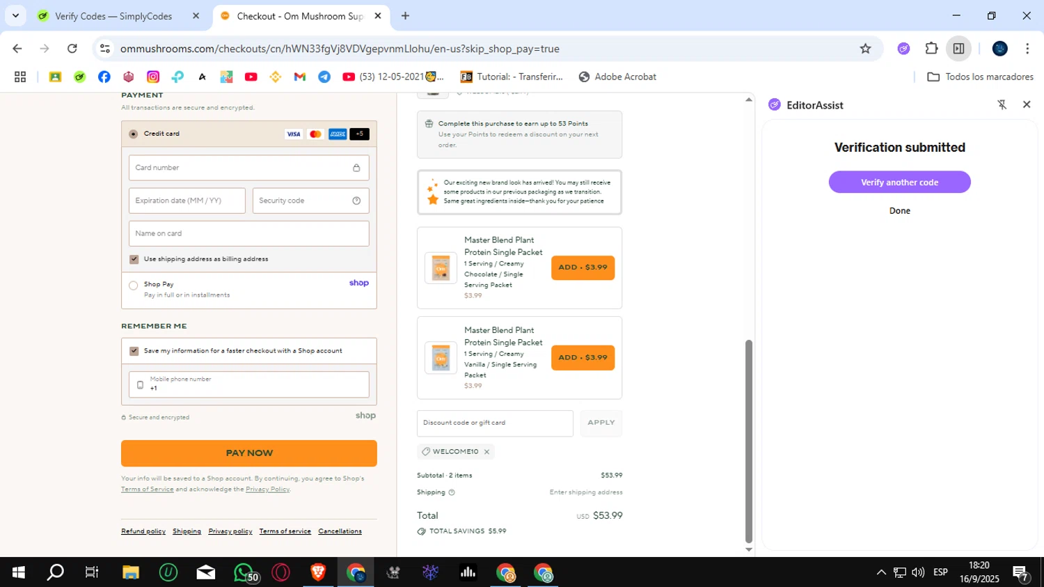 Om Mushroom Superfood promo code screenshot showing code WELCOME10 applied at Om Mushroom Superfood checkout page. Uploaded by SimplyCodes community member SunJinWoo on Sep 16, 2025