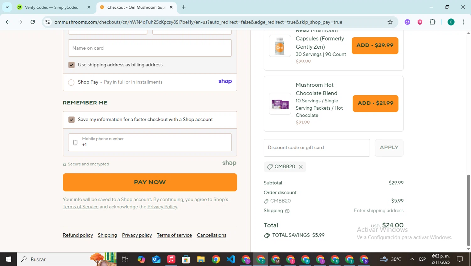 Om Mushroom Superfood promo code screenshot showing code CMBB20 applied at Om Mushroom Superfood checkout page. Uploaded by SimplyCodes community member BonusPilot927 on Nov 2, 2025