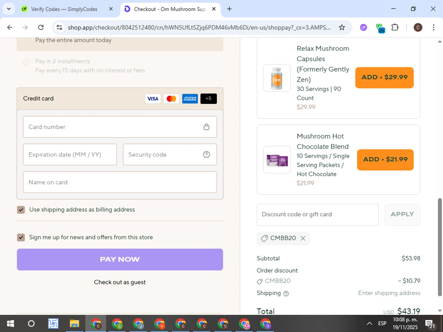 Om Mushroom Superfood promo code screenshot showing code CMBB20 applied at Om Mushroom Superfood checkout page. Uploaded by SimplyCodes community member TreasureFox8596 on Nov 20, 2025