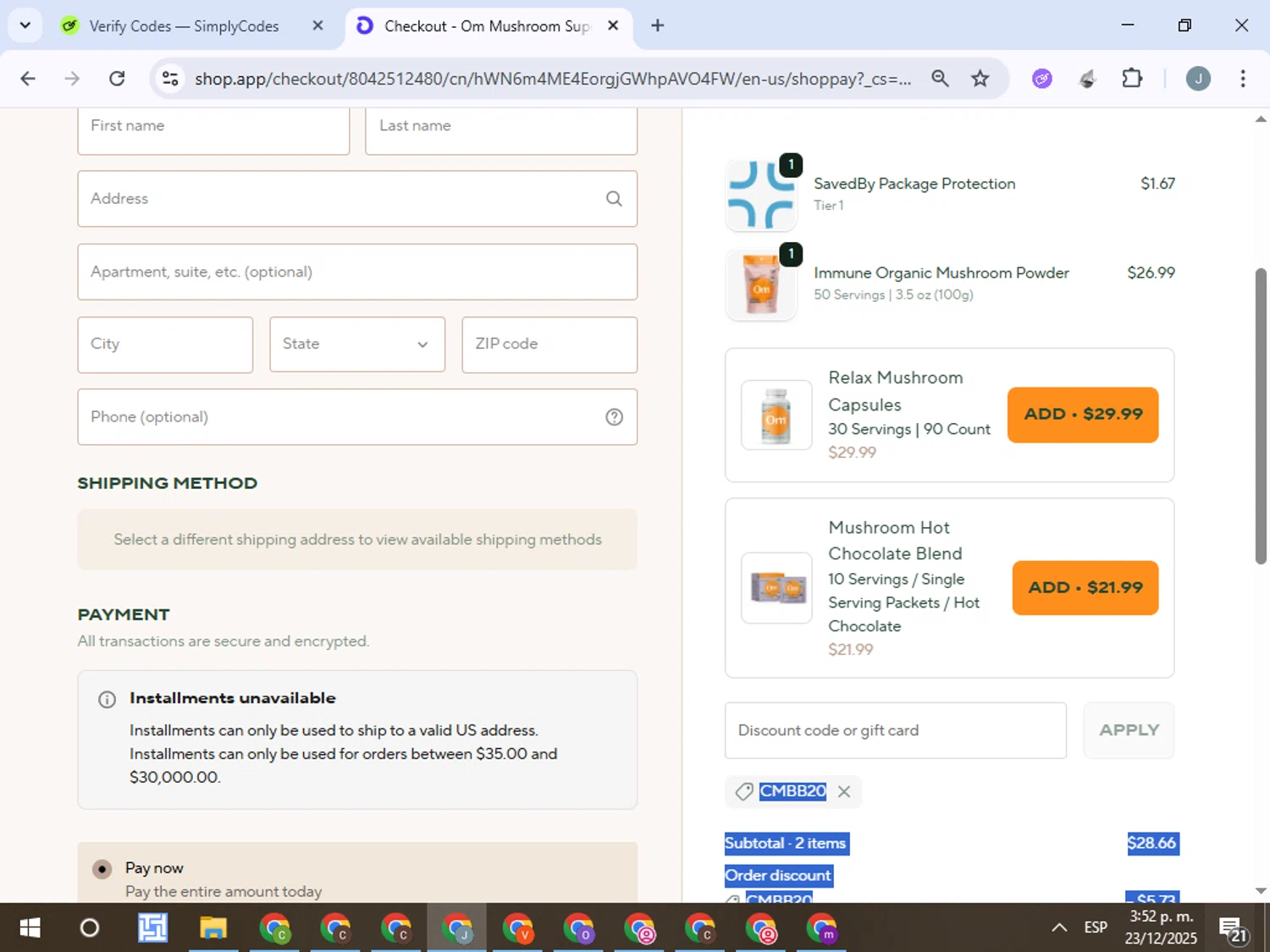 Om Mushroom Superfood promo code screenshot showing code CMBB20 applied at Om Mushroom Superfood checkout page. Uploaded by SimplyCodes community member ValueTracker8384 on Dec 23, 2025