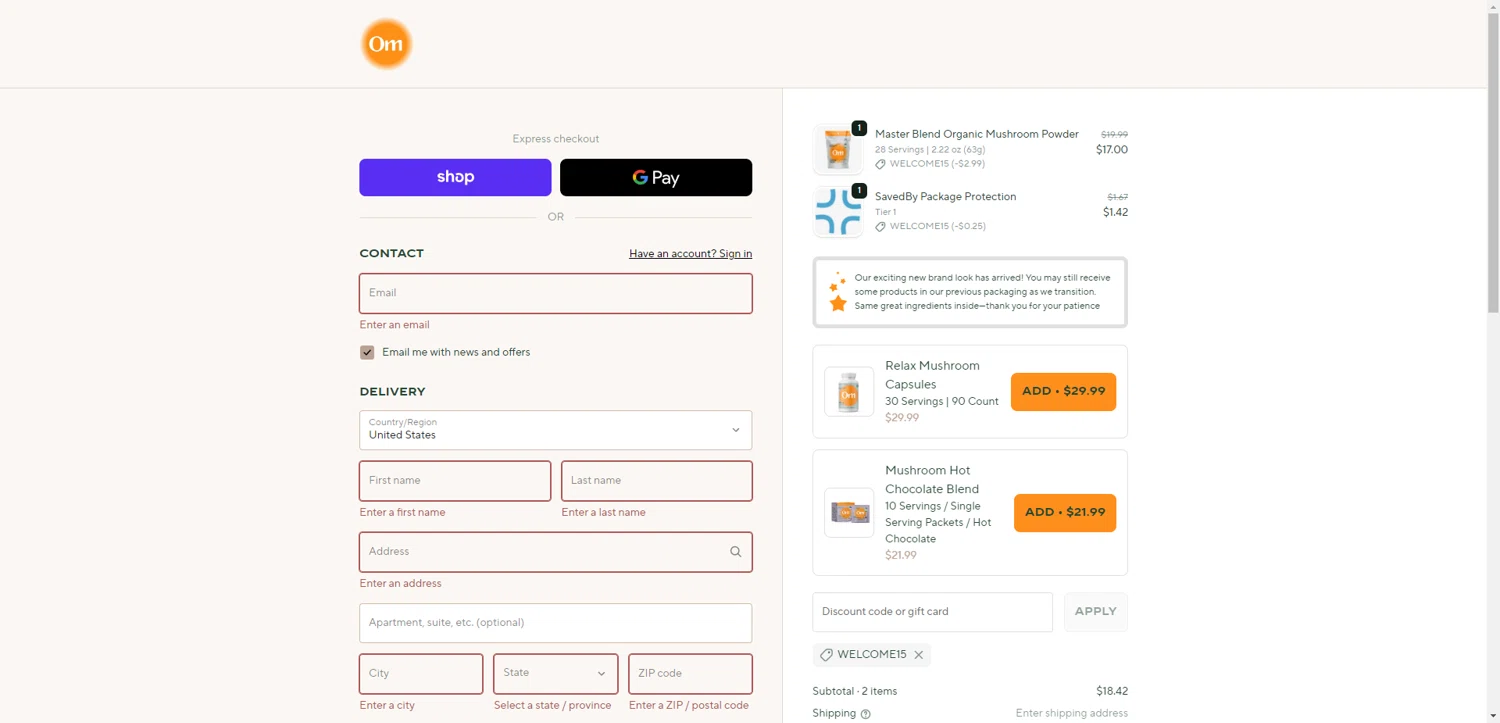 Om Mushroom Superfood promo code screenshot showing code WELCOME15 applied at Om Mushroom Superfood checkout page. Uploaded by SimplyCodes community member ExtraordinaryShopper780 on Dec 28, 2025