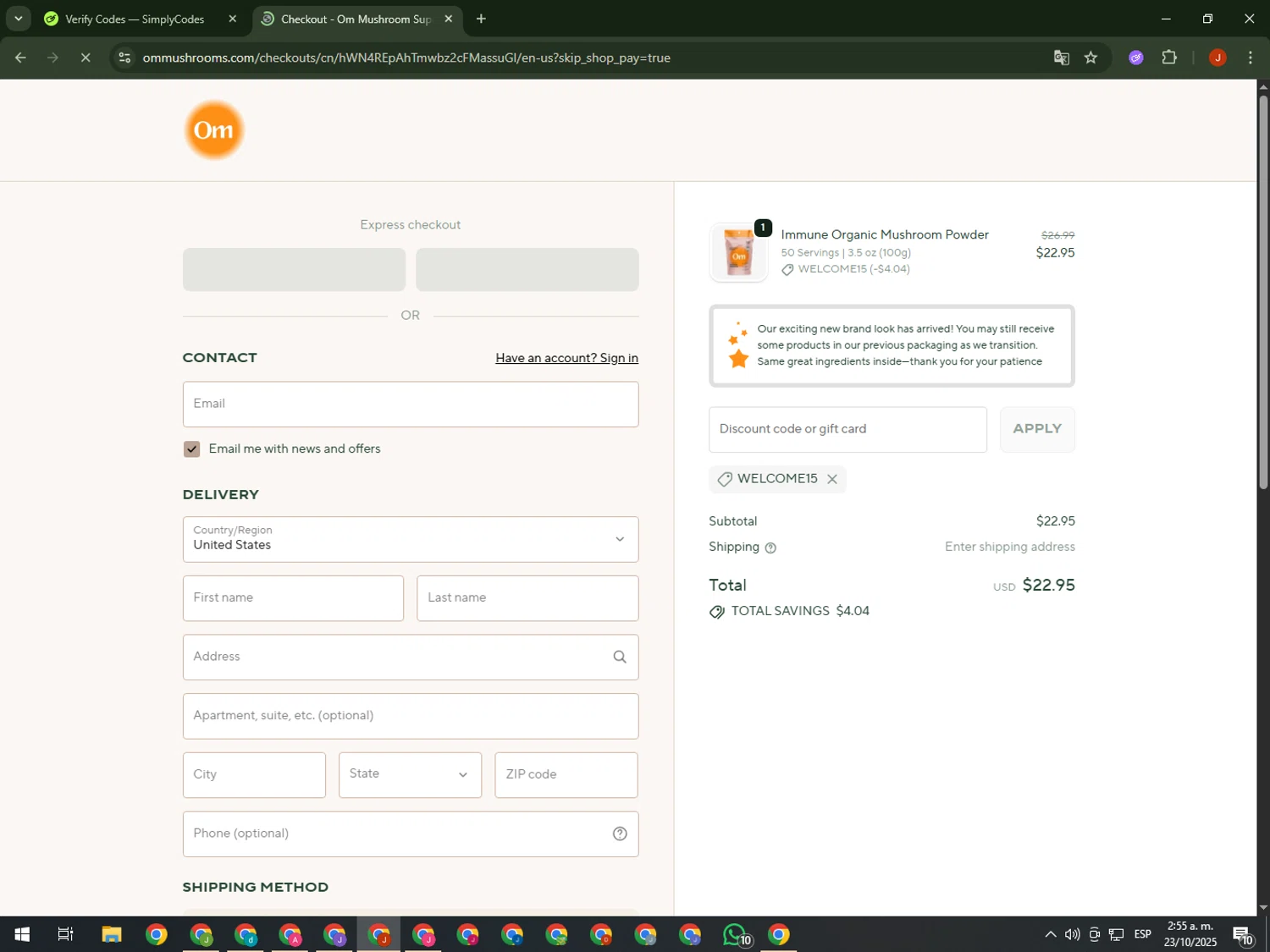 Om Mushroom Superfood promo code screenshot showing code WELCOME15 applied at Om Mushroom Superfood checkout page. Uploaded by SimplyCodes community member KimDokja on Oct 23, 2025