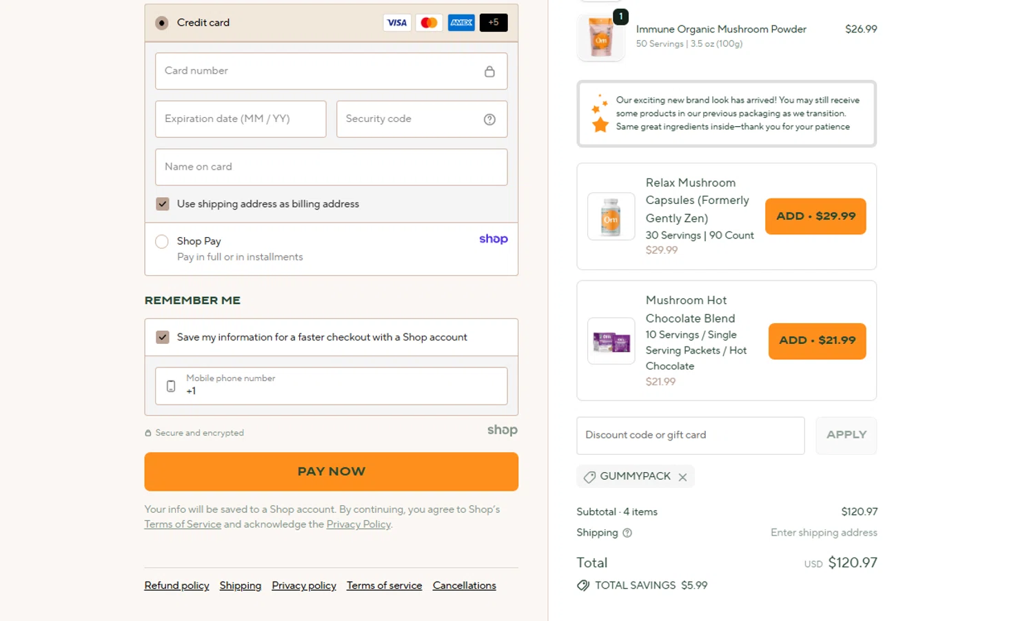 Om Mushroom Superfood promo code screenshot showing code GummyPack applied at Om Mushroom Superfood checkout page. Uploaded by SimplyCodes community member carloschacin on Oct 27, 2025