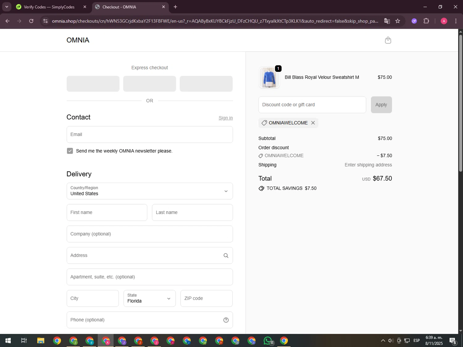 Omnia promo code screenshot showing code OMNIAWELCOME applied at Omnia checkout page. Uploaded by SimplyCodes community member CrownHawk3462 on Nov 8, 2025
