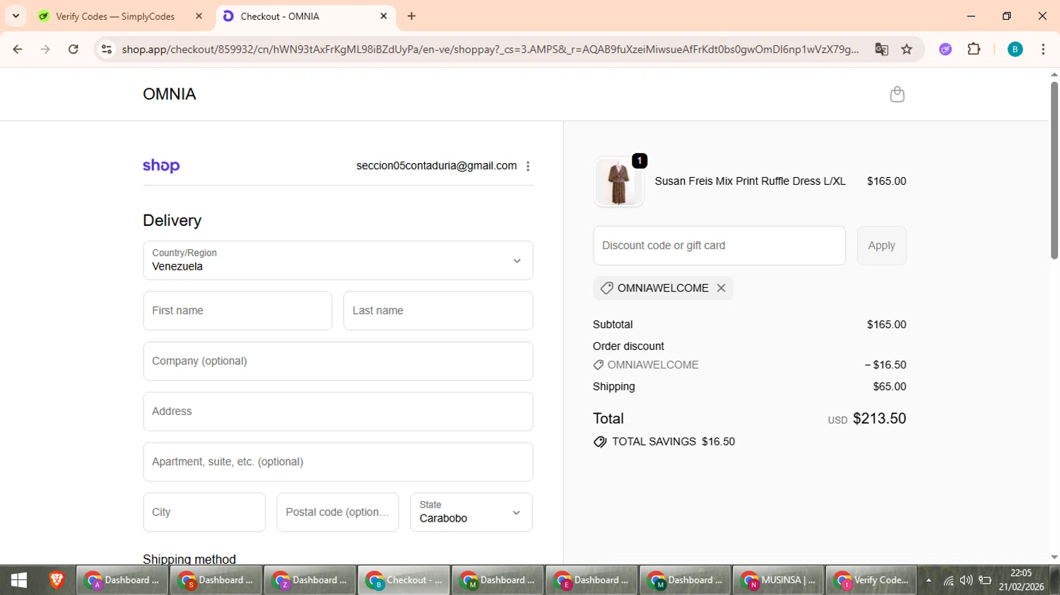Omnia checkout page showing Omnia promo code box | Screenshot taken by SimplyCodes community member on Feb 22, 2026