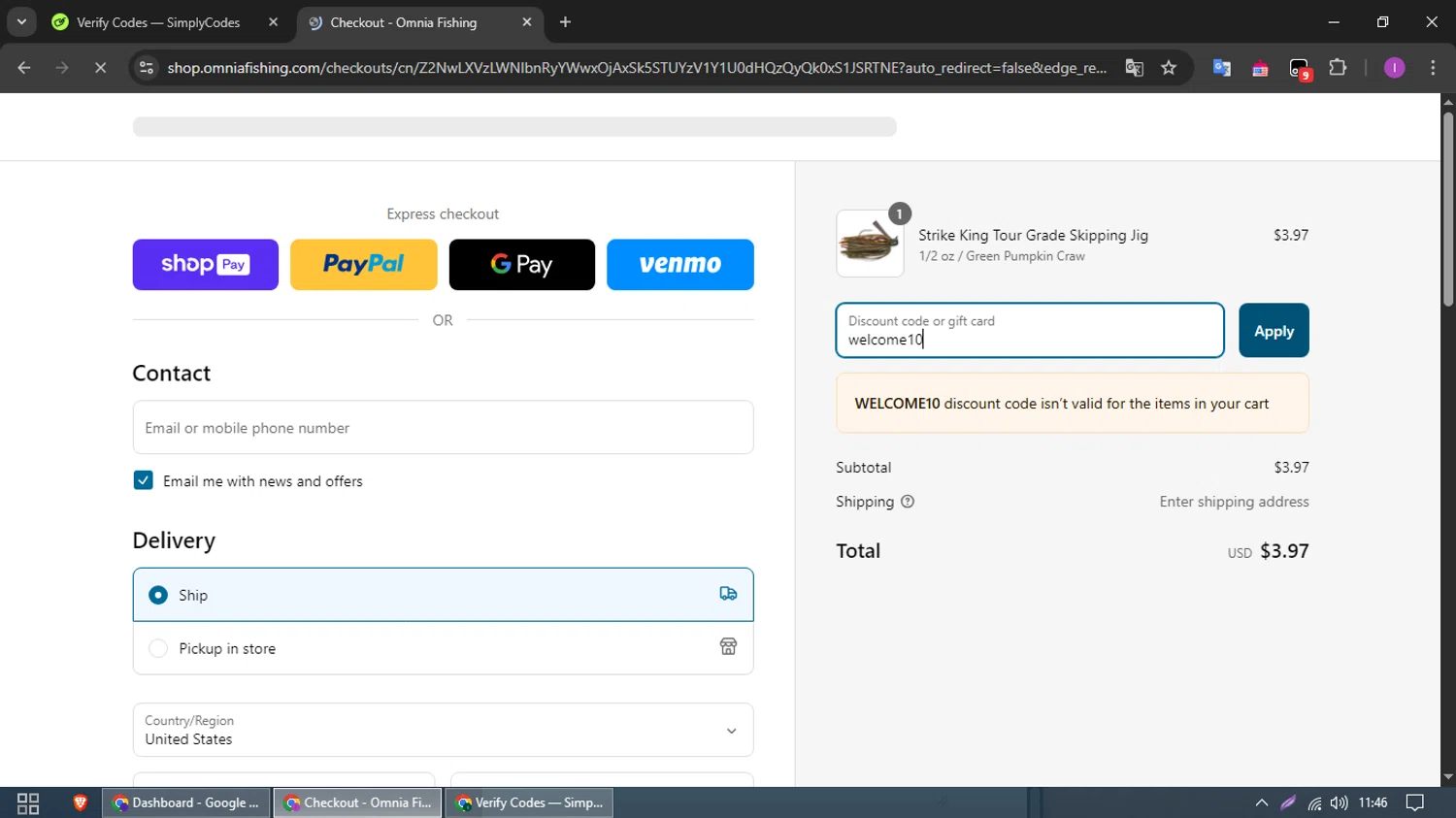 Omnia Fishing discount code screenshot showing code welcome10 applied at Omnia Fishing checkout page. Uploaded by SimplyCodes community member FrugalElite6366 on Mar 7, 2025