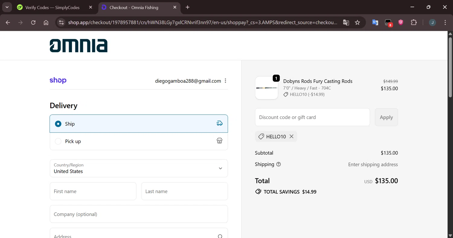 Omnia Fishing discount code screenshot showing code HELLO10 applied at Omnia Fishing checkout page. Uploaded by SimplyCodes community member Eltoro20 on Sep 18, 2025