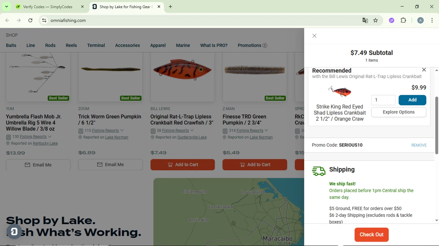 Omnia Fishing discount code screenshot showing code SERIOUS10 applied at Omnia Fishing checkout page. Uploaded by SimplyCodes community member DiscountVirtuoso6243 on Nov 6, 2025