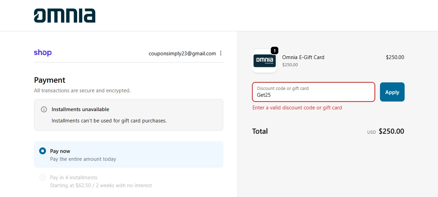 Omnia Fishing discount code screenshot showing code Get25 applied at Omnia Fishing checkout page. Uploaded by SimplyCodes community member Myrulesmagazine23 on Oct 20, 2025