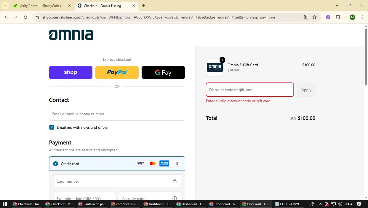 Omnia Fishing discount code screenshot showing code Get25 applied at Omnia Fishing checkout page. Uploaded by SimplyCodes community member loversuper on Oct 21, 2025
