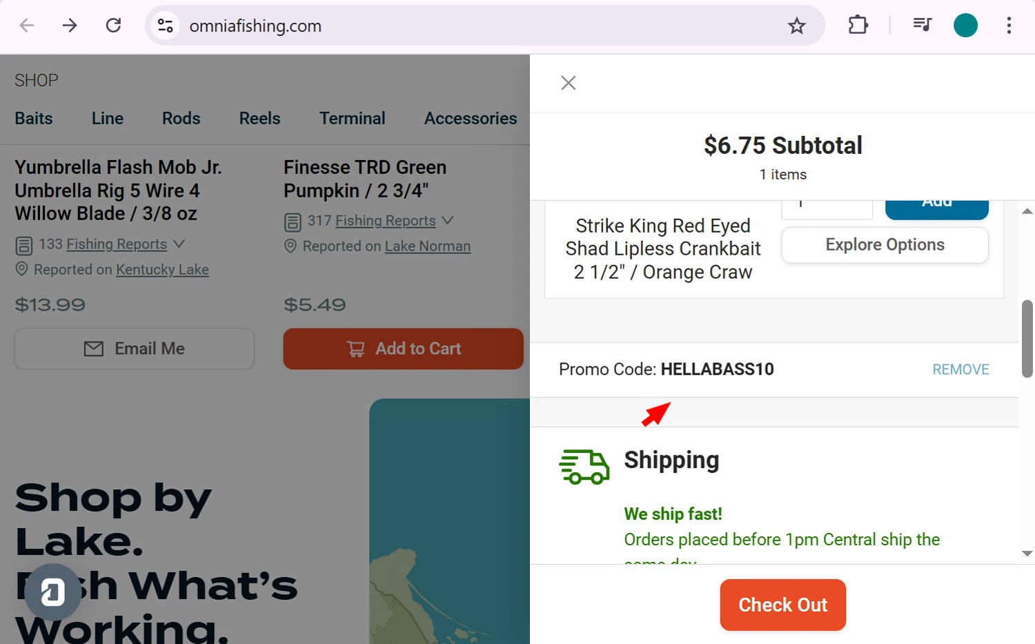 Omnia Fishing discount code screenshot showing code HELLABASS10 applied at Omnia Fishing checkout page. Uploaded by SimplyCodes community member anosesmith on Jan 13, 2026