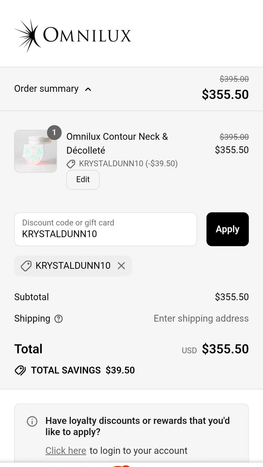 Omnilux LED discount code screenshot showing code KRYSTALDUNN10 applied at Omnilux LED checkout page. Uploaded by SimplyCodes community member JuanMonge on Aug 1, 2025