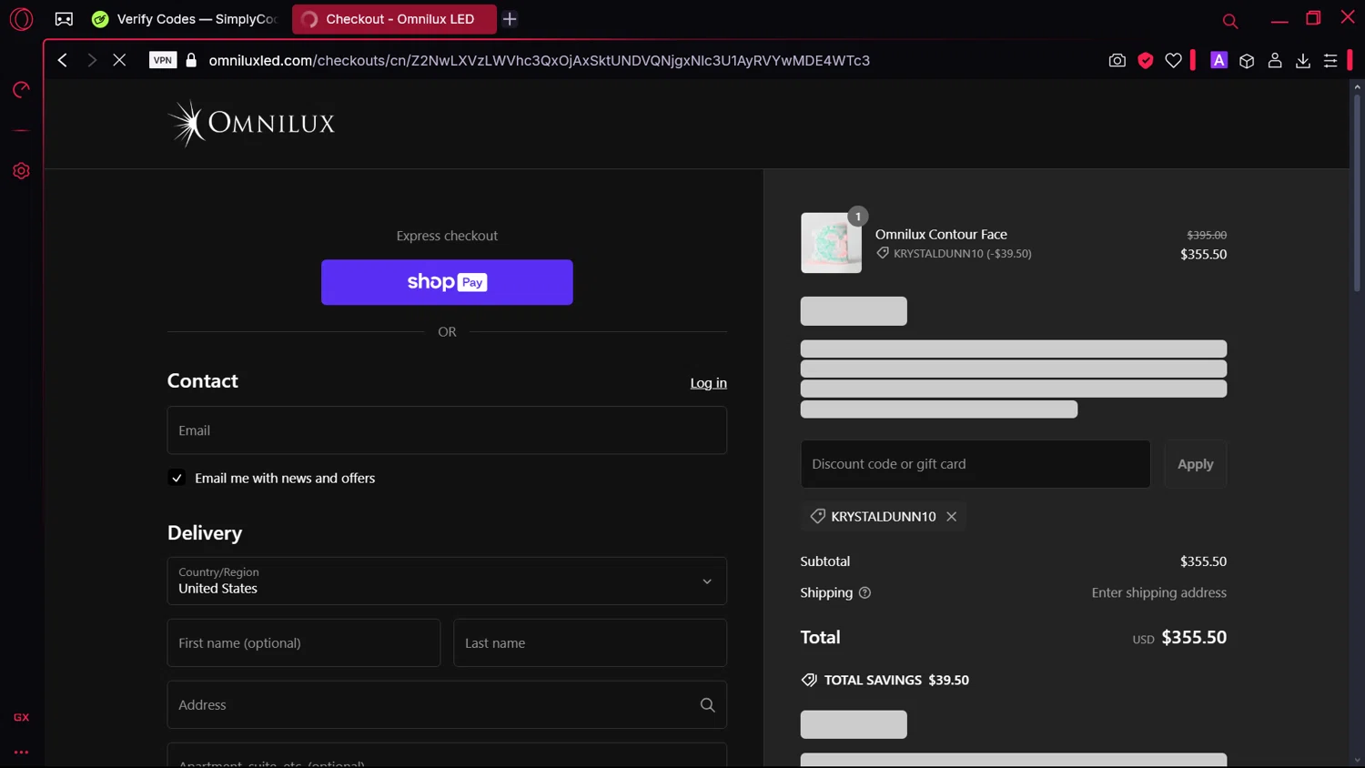 Omnilux LED discount code screenshot showing code KRYSTALDUNN10 applied at Omnilux LED checkout page. Uploaded by SimplyCodes community member comidaparallevar on Feb 11, 2025