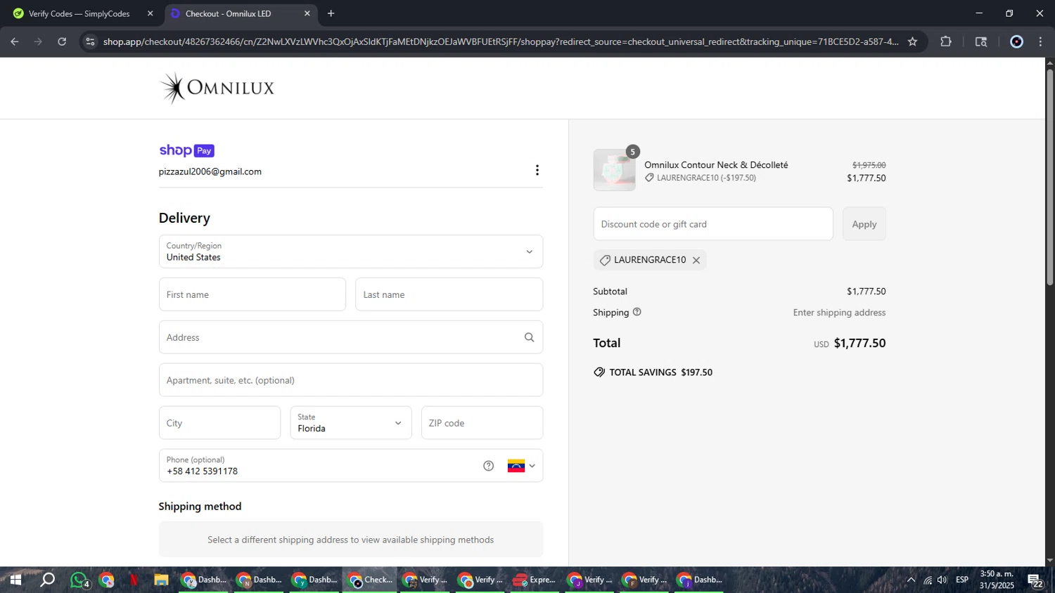 Omnilux LED discount code screenshot showing code LAURENGRACE10 applied at Omnilux LED checkout page. Uploaded by SimplyCodes community member RoyalBoss4384 on May 31, 2025