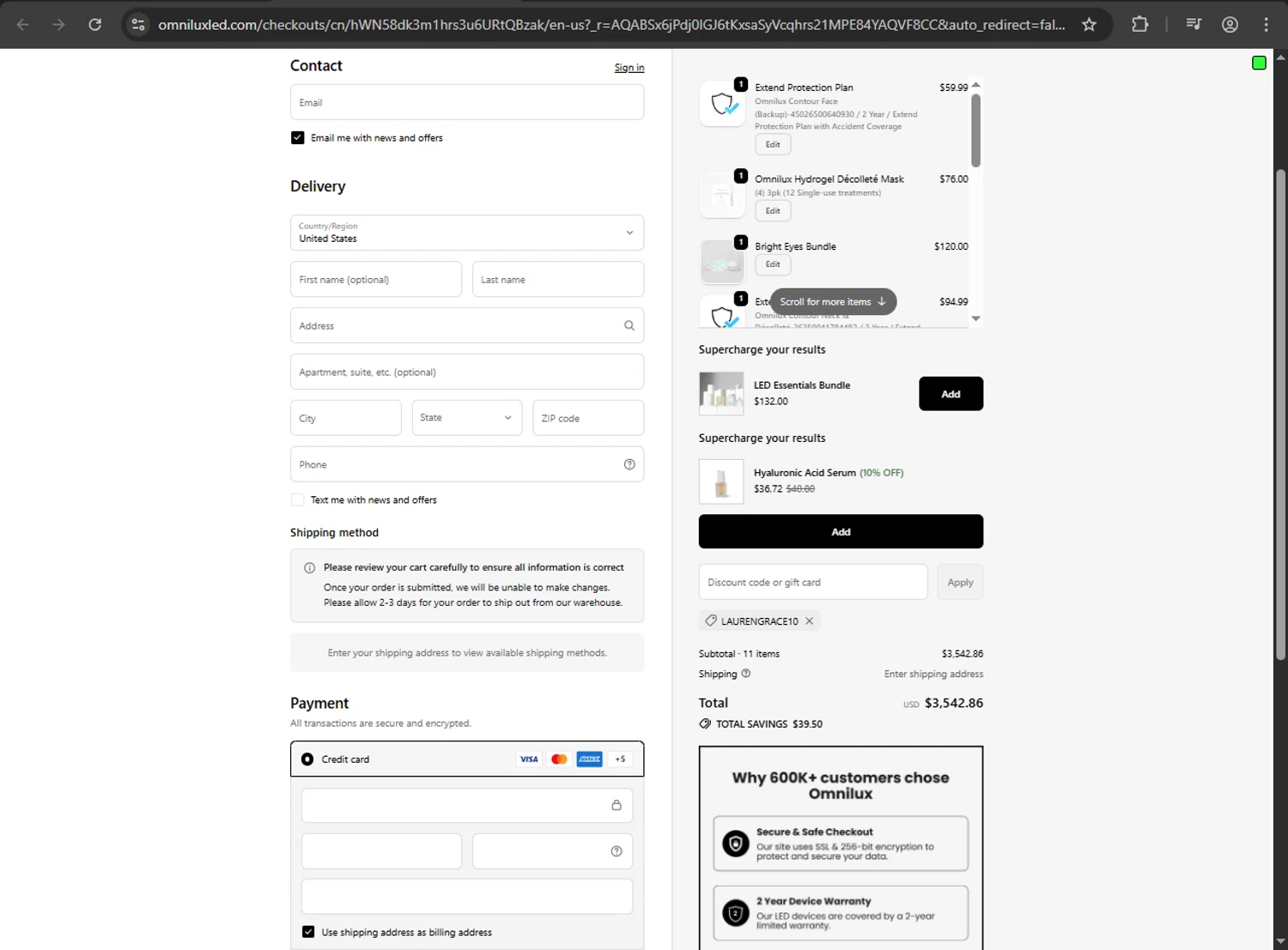 Omnilux LED discount code screenshot showing code LAURENGRACE10 applied at Omnilux LED checkout page. Uploaded by SimplyCodes community member Scrooge on Nov 10, 2025