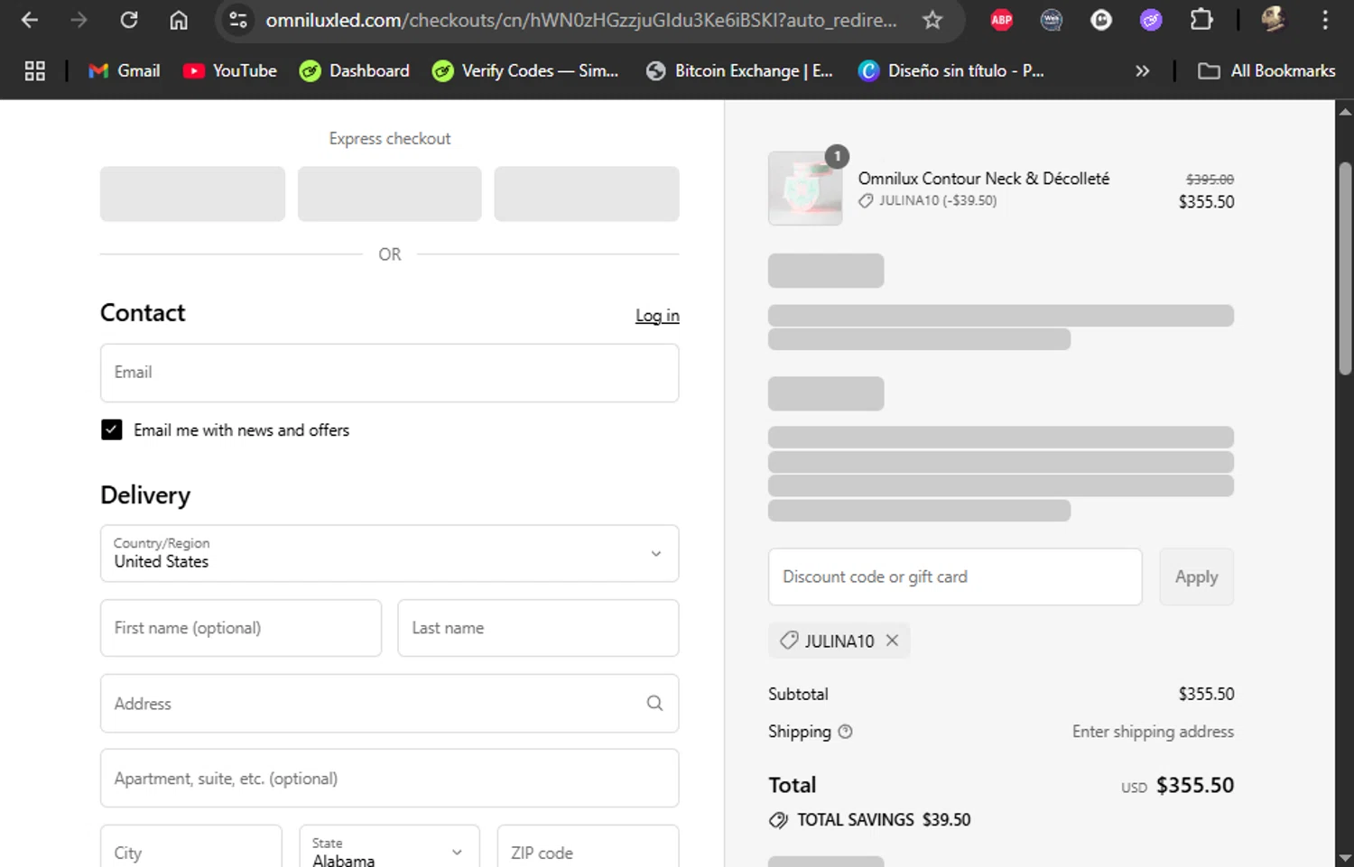 Omnilux LED discount code screenshot showing code JULINA10 applied at Omnilux LED checkout page. Uploaded by SimplyCodes community member LiShang on Jul 24, 2025