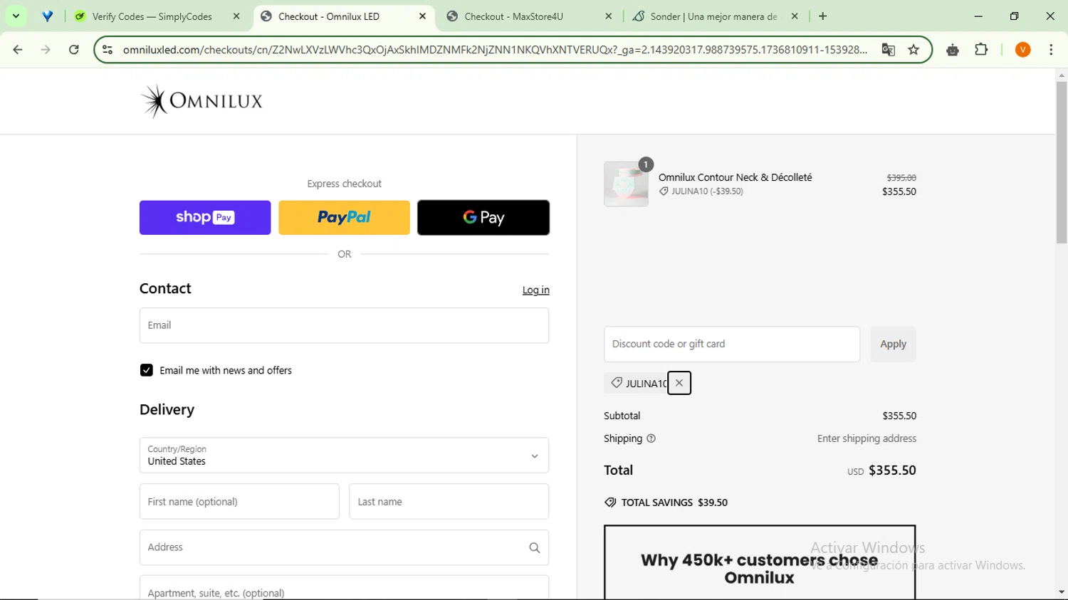 Omnilux LED discount code screenshot showing code JULINA10 applied at Omnilux LED checkout page. Uploaded by SimplyCodes community member RebateSaver5991 on Jan 13, 2025