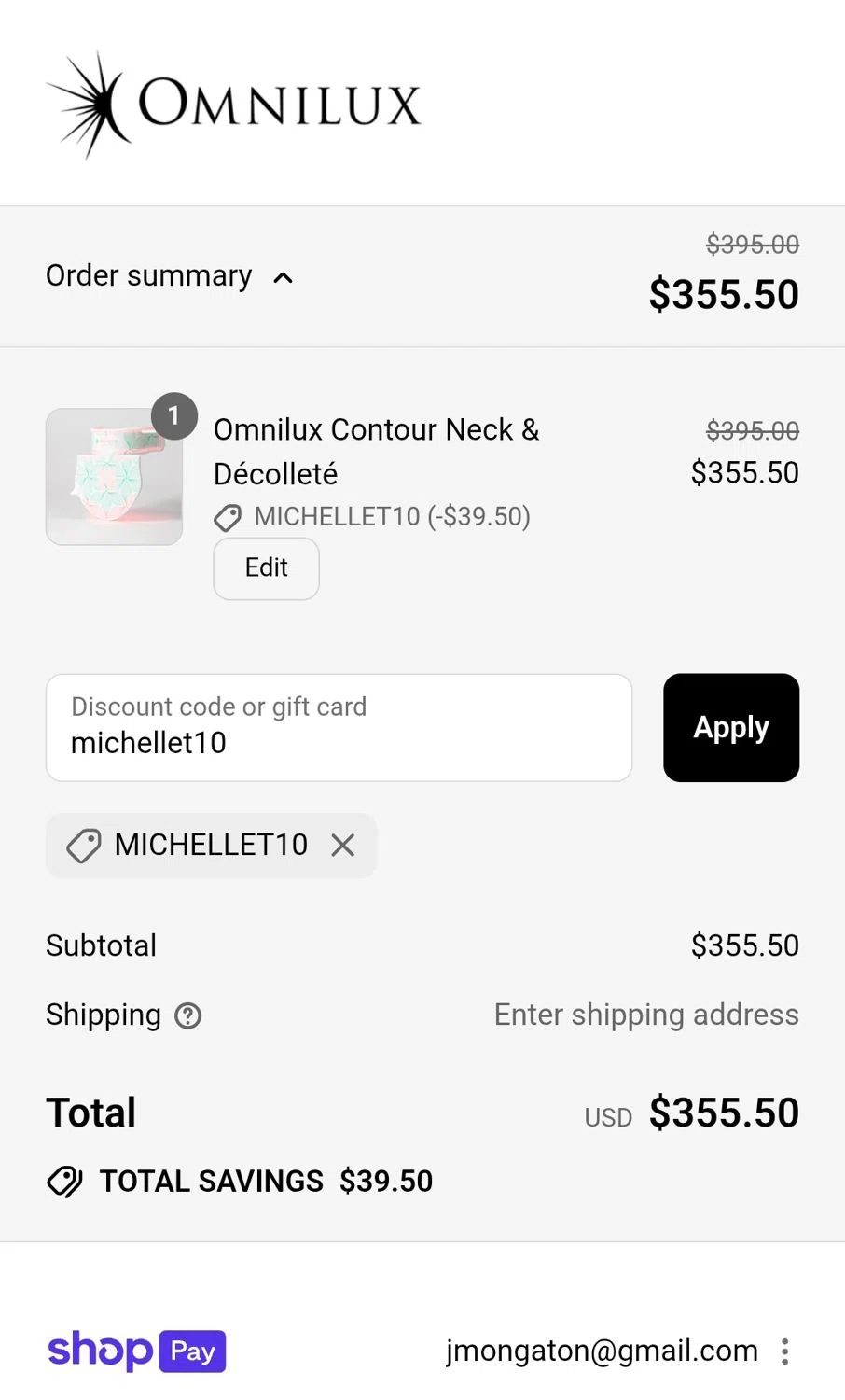 Omnilux LED discount code screenshot showing code michellet10 applied at Omnilux LED checkout page. Uploaded by SimplyCodes community member JuanMonge on Aug 10, 2025
