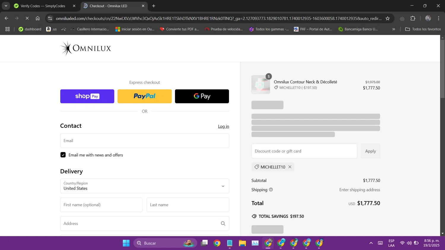 Omnilux LED discount code screenshot showing code michellet10 applied at Omnilux LED checkout page. Uploaded by SimplyCodes community member VictoriousFinder6854 on Feb 20, 2025
