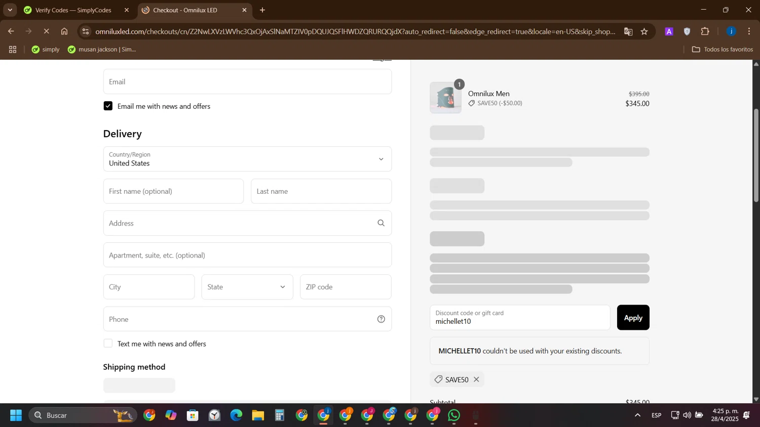 Omnilux LED discount code screenshot showing code michellet10 applied at Omnilux LED checkout page. Uploaded by SimplyCodes community member yameteqdasai on Apr 28, 2025