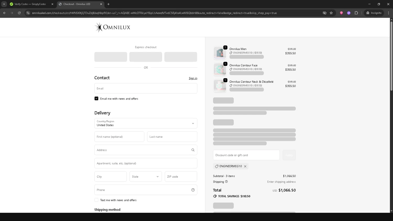 Omnilux LED discount code screenshot showing code ENGINEERMEG10 applied at Omnilux LED checkout page. Uploaded by SimplyCodes community member AVATIGRITO on Nov 21, 2025