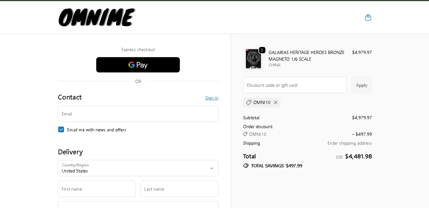 Omnime discount code screenshot showing code OMNI10 applied at Omnime checkout page. Uploaded by SimplyCodes community member davisams on Dec 2, 2025