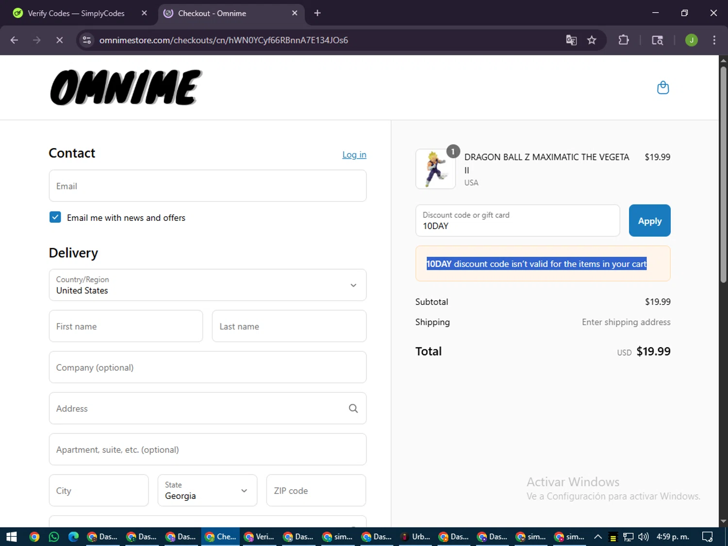 Omnime discount code screenshot showing code 10DAY applied at Omnime checkout page. Uploaded by SimplyCodes community member LilBaby on Jul 12, 2025