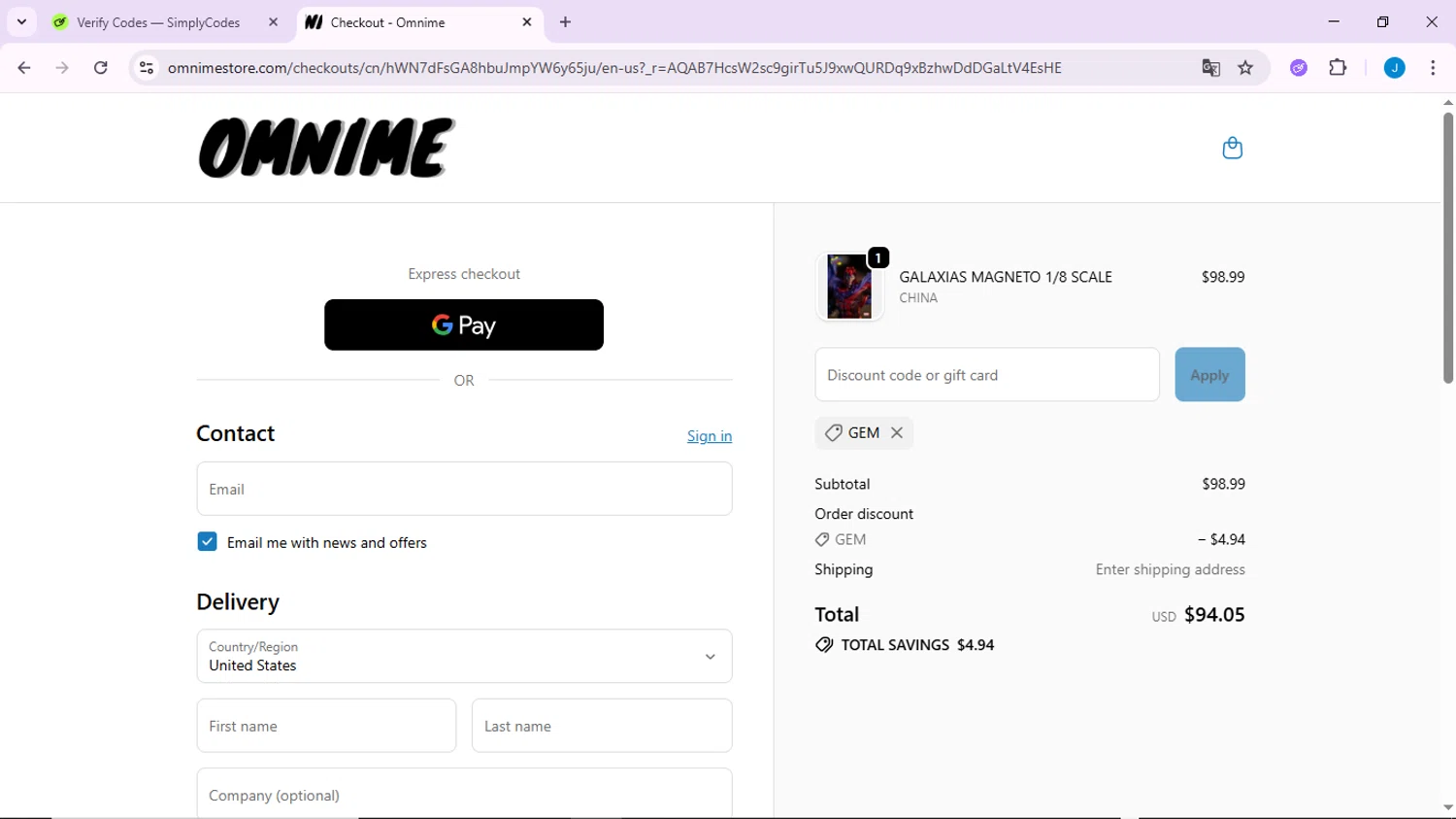 Omnime discount code screenshot showing code GEM applied at Omnime checkout page. Uploaded by SimplyCodes community member CodeLynx3161 on Jan 15, 2026