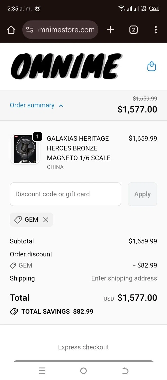 Omnime discount code screenshot showing code GEM applied at Omnime checkout page. Uploaded by SimplyCodes community member partenalgas on Dec 26, 2025
