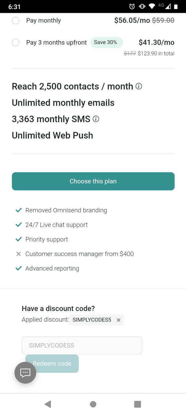 Omnisend checkout page showing Omnisend discount code box | Screenshot taken by SimplyCodes community member on Nov 9, 2024