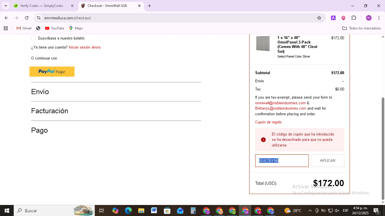 OmniWall USA promo code screenshot showing code BUILTBYN8 applied at OmniWall USA checkout page. Uploaded by SimplyCodes community member BudgetMonarch8952 on Dec 24, 2025