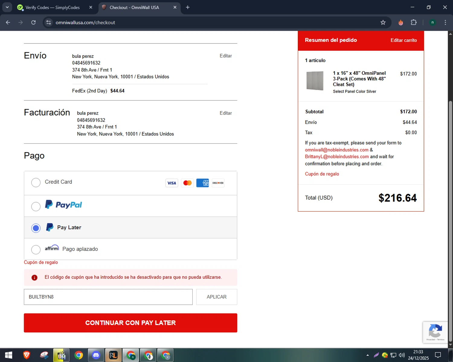 OmniWall USA promo code screenshot showing code BUILTBYN8 applied at OmniWall USA checkout page. Uploaded by SimplyCodes community member VoucherWizard5329 on Dec 25, 2025