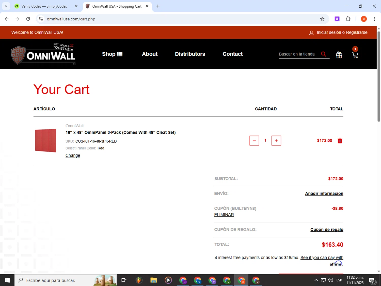 OmniWall USA checkout page showing OmniWall USA promo code box | Screenshot taken by SimplyCodes community member on Nov 12, 2025