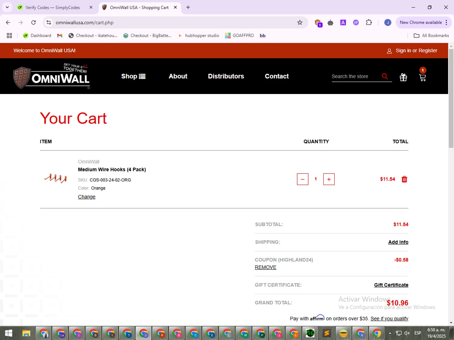 OmniWall USA promo code screenshot showing code HIGHLAND24 applied at OmniWall USA checkout page. Uploaded by SimplyCodes community member VoucherLegend6452 on Apr 19, 2025