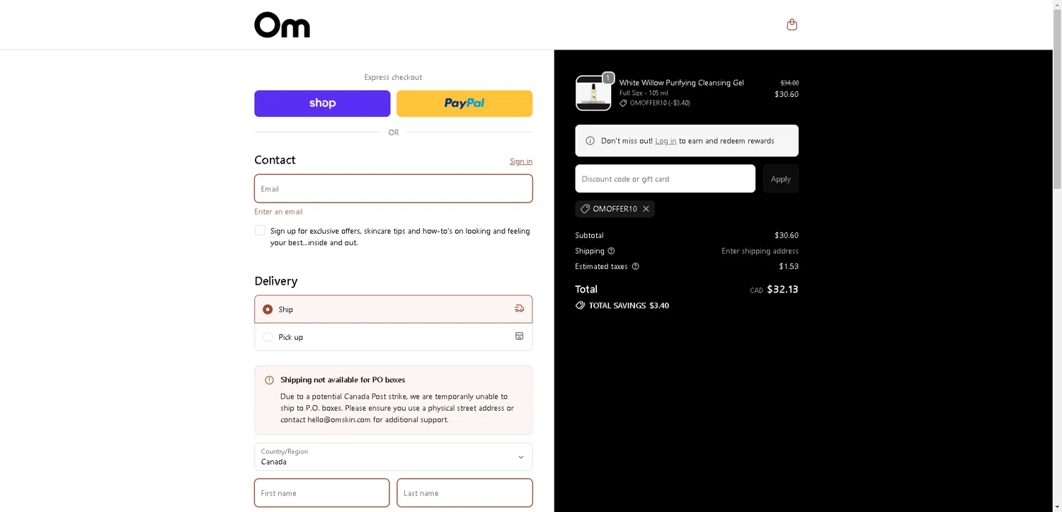 Om Organics discount code screenshot showing code OMOFFER10 applied at Om Organics checkout page. Uploaded by SimplyCodes community member ExtraordinaryMaven3628 on Nov 8, 2025
