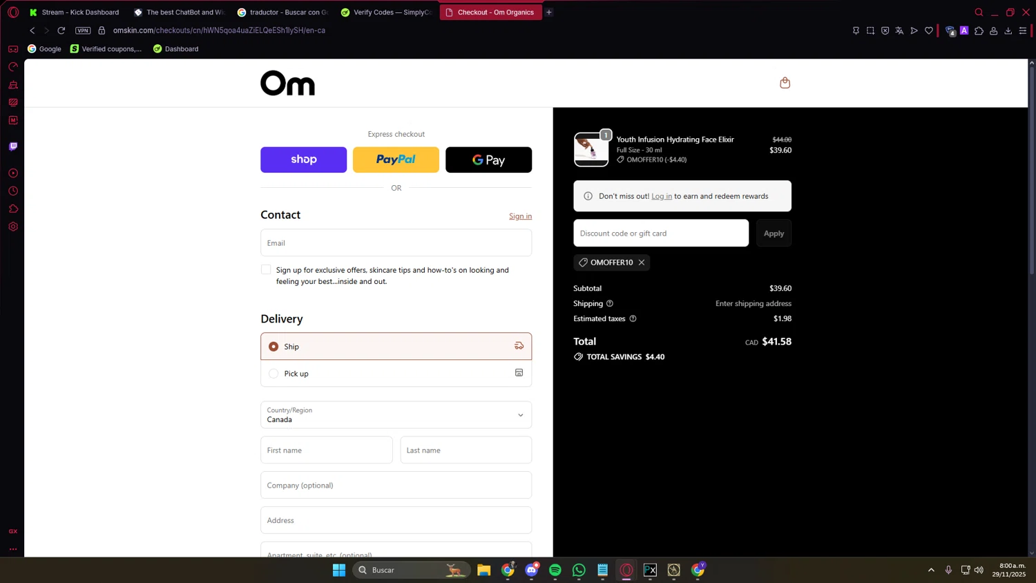 Om Organics discount code screenshot showing code OMOFFER10 applied at Om Organics checkout page. Uploaded by SimplyCodes community member PrimeVirtuoso9679 on Nov 29, 2025
