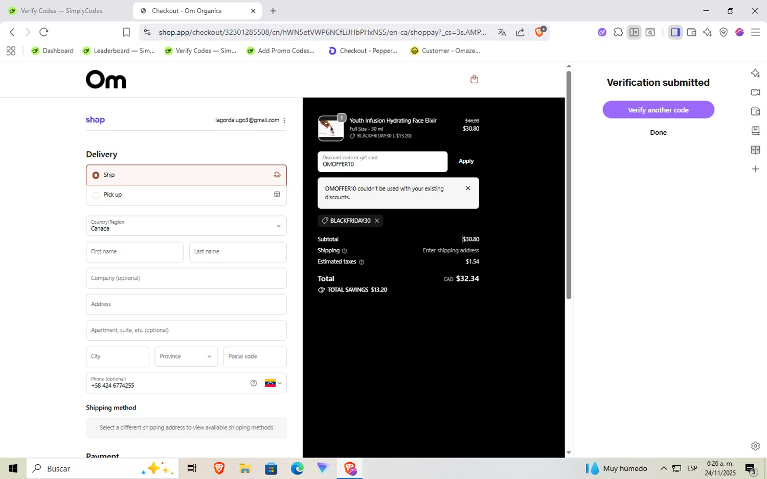 Om Organics discount code screenshot showing code OMOFFER10 applied at Om Organics checkout page. Uploaded by SimplyCodes community member Rayyyyyy on Nov 24, 2025