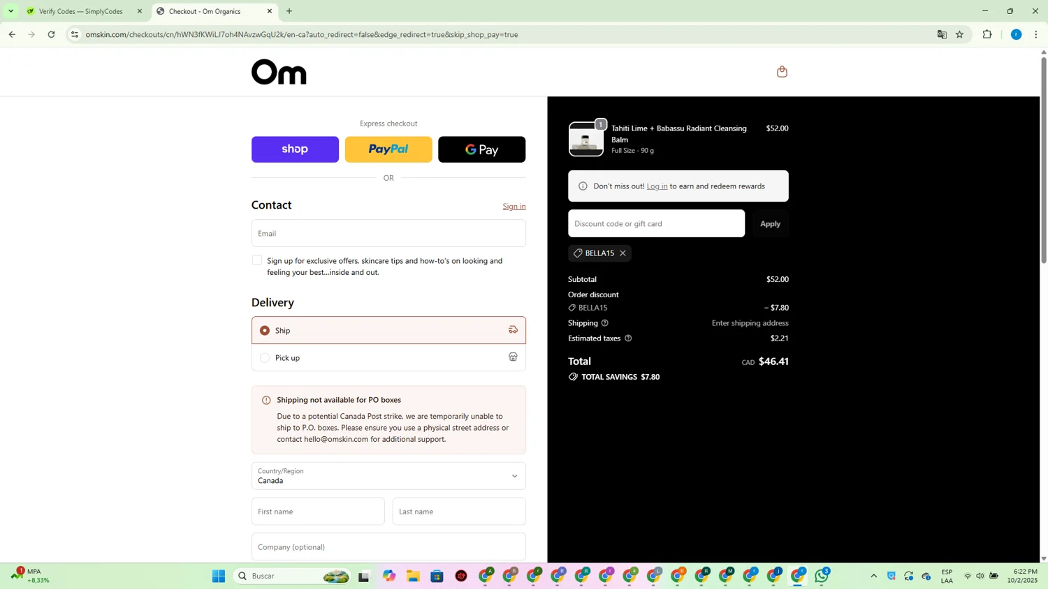 Om Organics discount code screenshot showing code Bella15 applied at Om Organics checkout page. Uploaded by SimplyCodes community member RewardVoyager146 on Oct 2, 2025