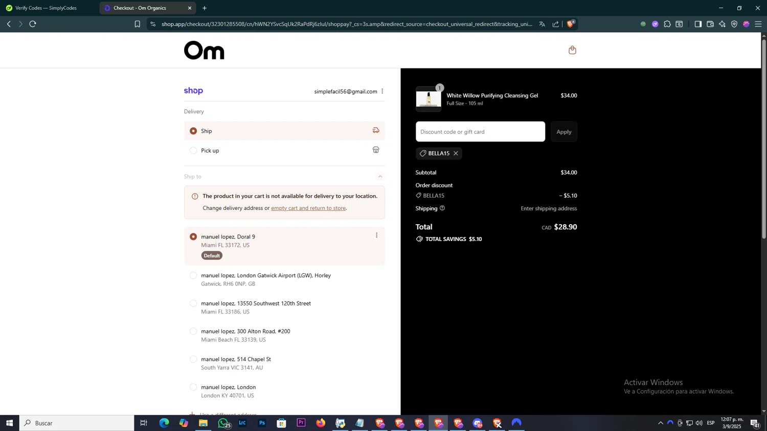 Om Organics discount code screenshot showing code Bella15 applied at Om Organics checkout page. Uploaded by SimplyCodes community member ELHIJOEMILA on Sep 3, 2025
