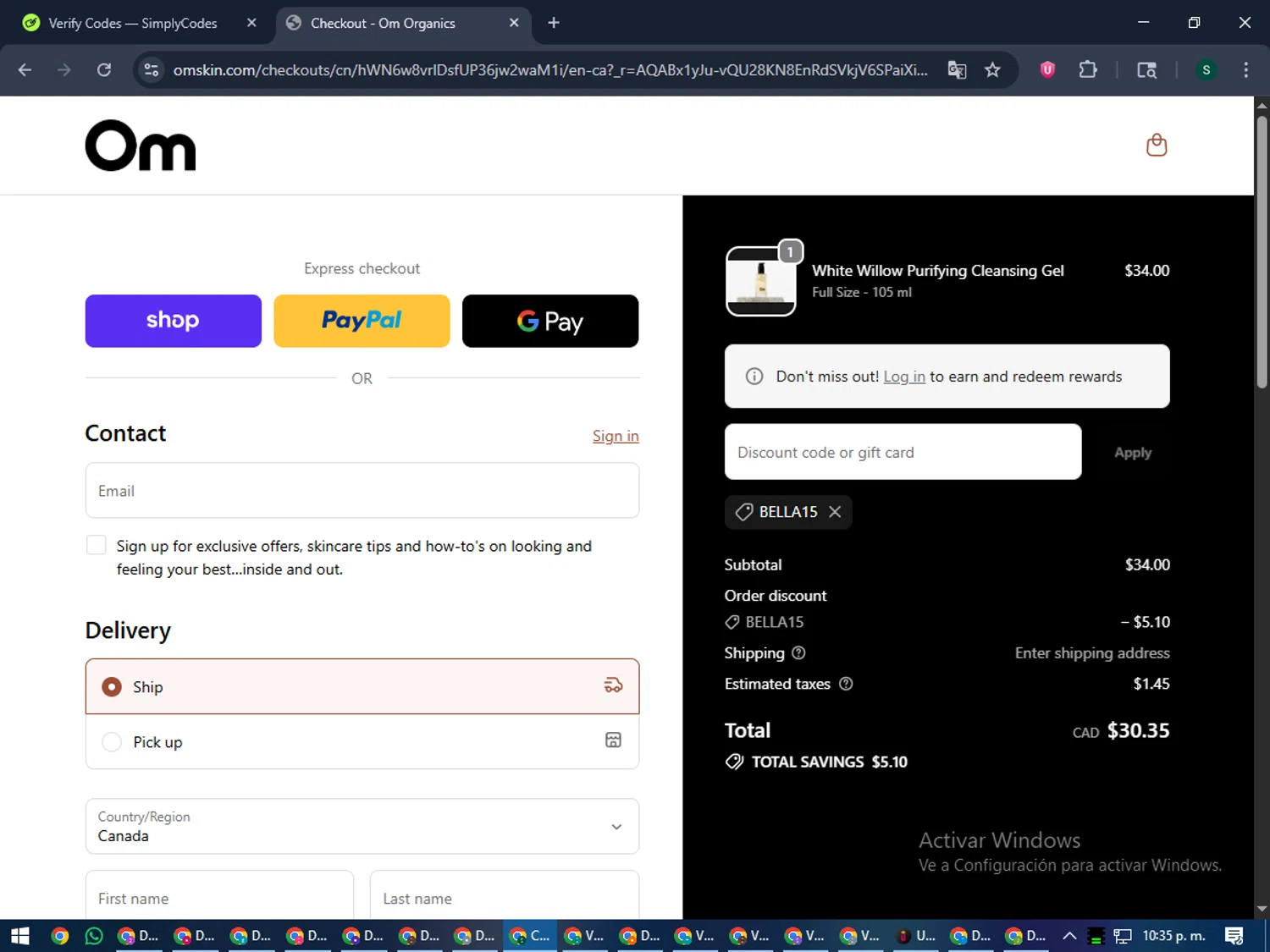 Om Organics discount code screenshot showing code Bella15 applied at Om Organics checkout page. Uploaded by SimplyCodes community member lilMosey on Dec 28, 2025