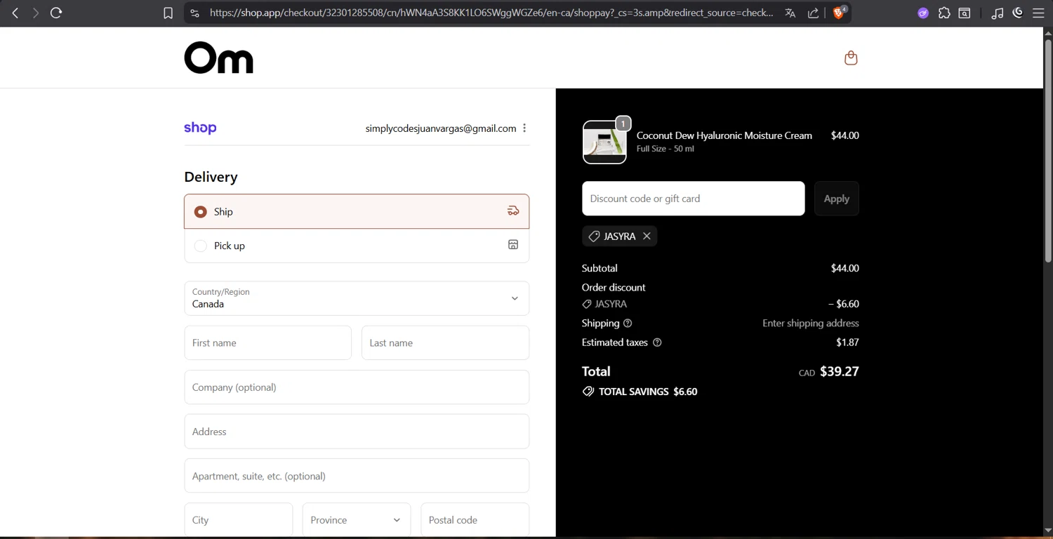 Om Organics discount code screenshot showing code Jasyra applied at Om Organics checkout page. Uploaded by SimplyCodes community member juanvargas1 on Oct 27, 2025