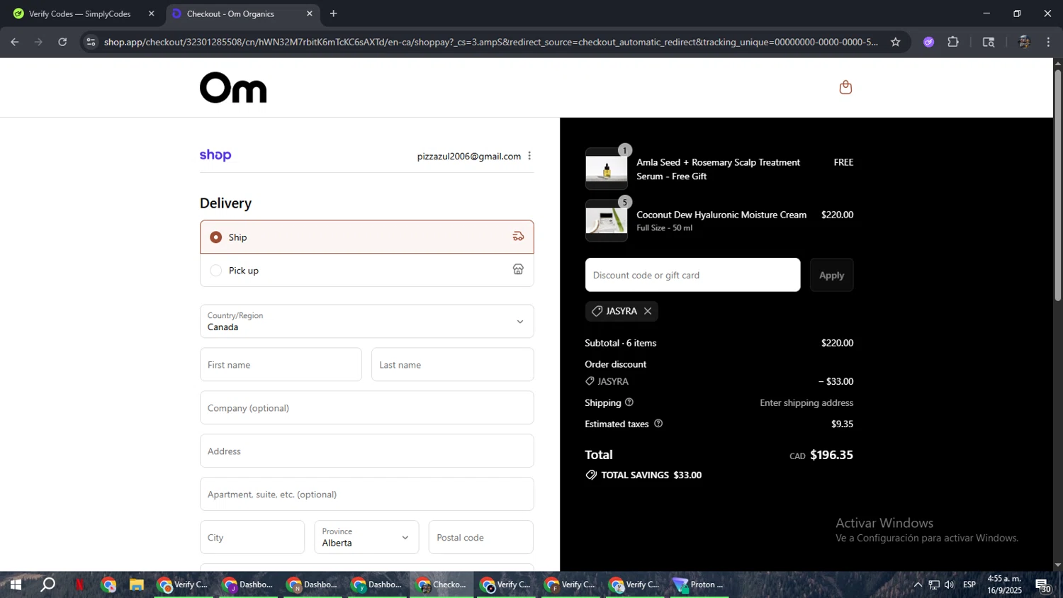 Om Organics discount code screenshot showing code Jasyra applied at Om Organics checkout page. Uploaded by SimplyCodes community member xxdddd on Sep 16, 2025