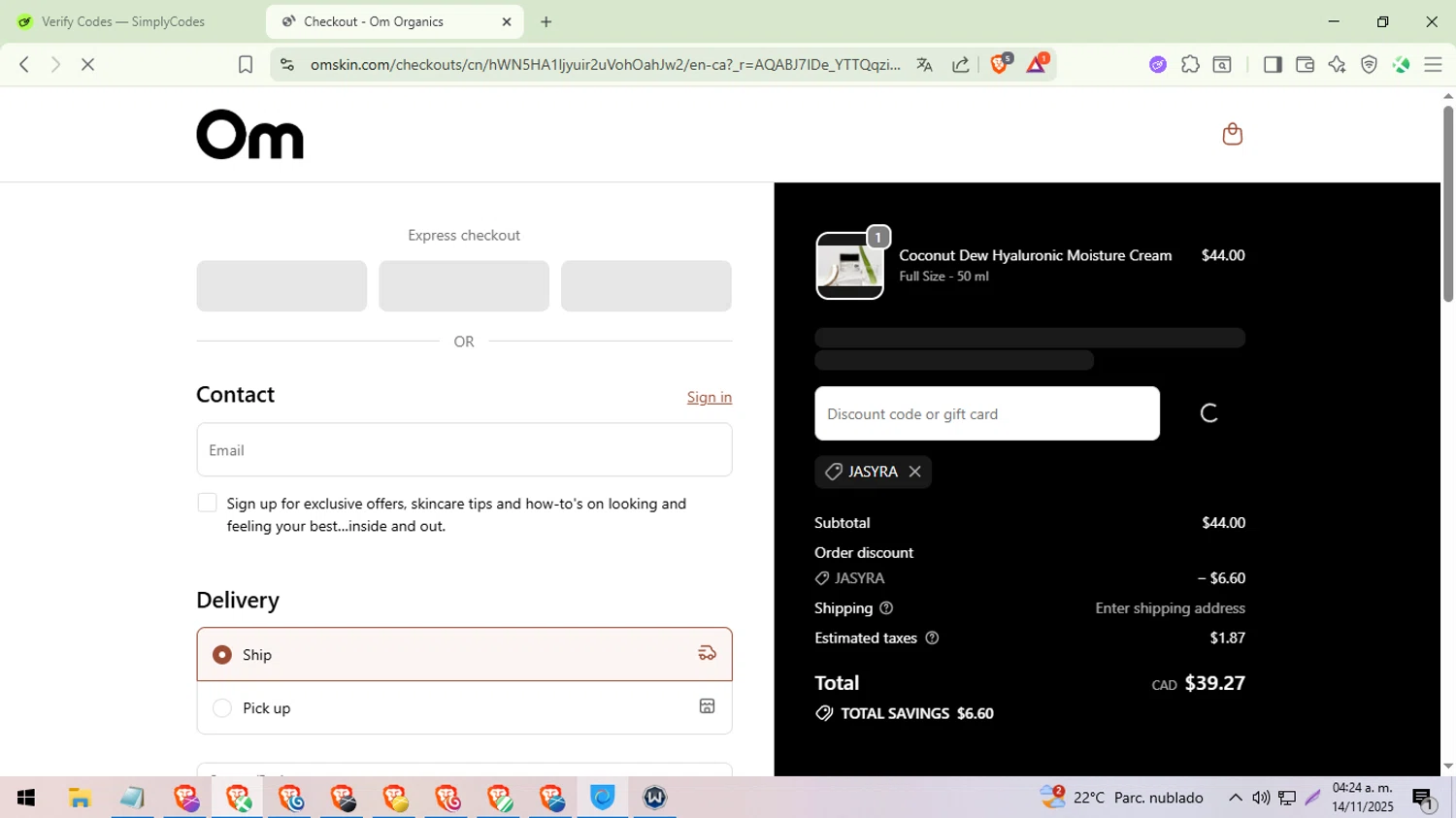 Om Organics discount code screenshot showing code Jasyra applied at Om Organics checkout page. Uploaded by SimplyCodes community member ylleneromero on Nov 14, 2025