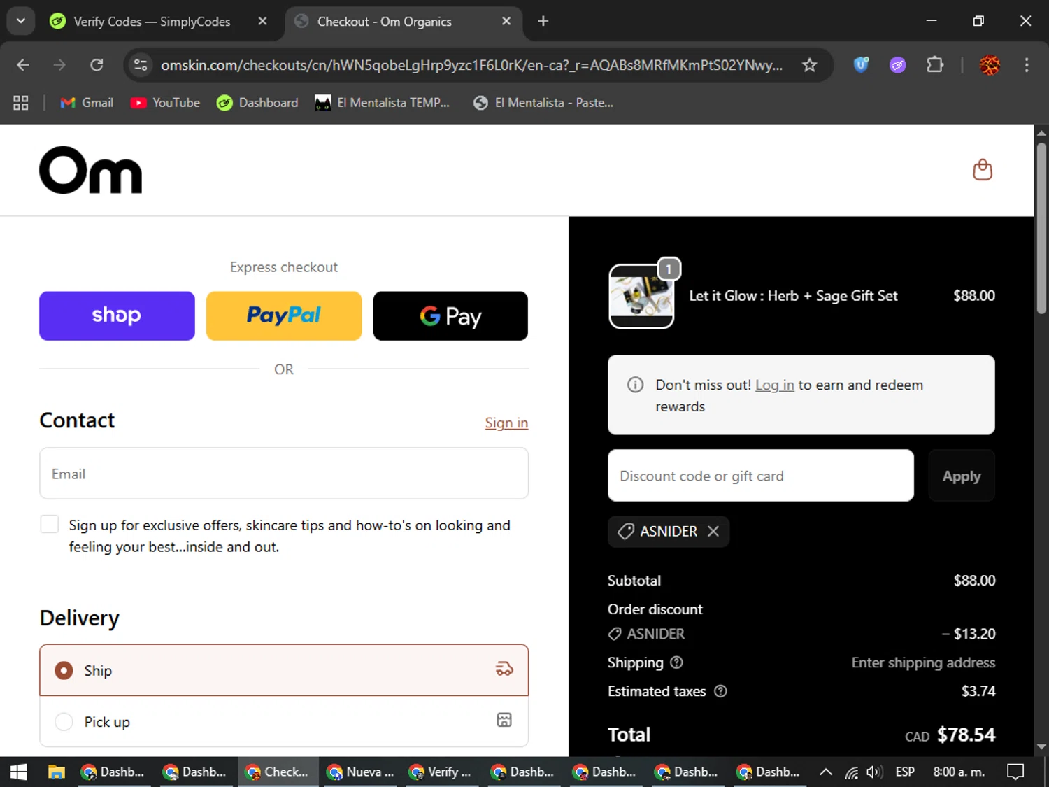 Om Organics discount code screenshot showing code ASNIDER applied at Om Organics checkout page. Uploaded by SimplyCodes community member Rodolfo on Nov 29, 2025