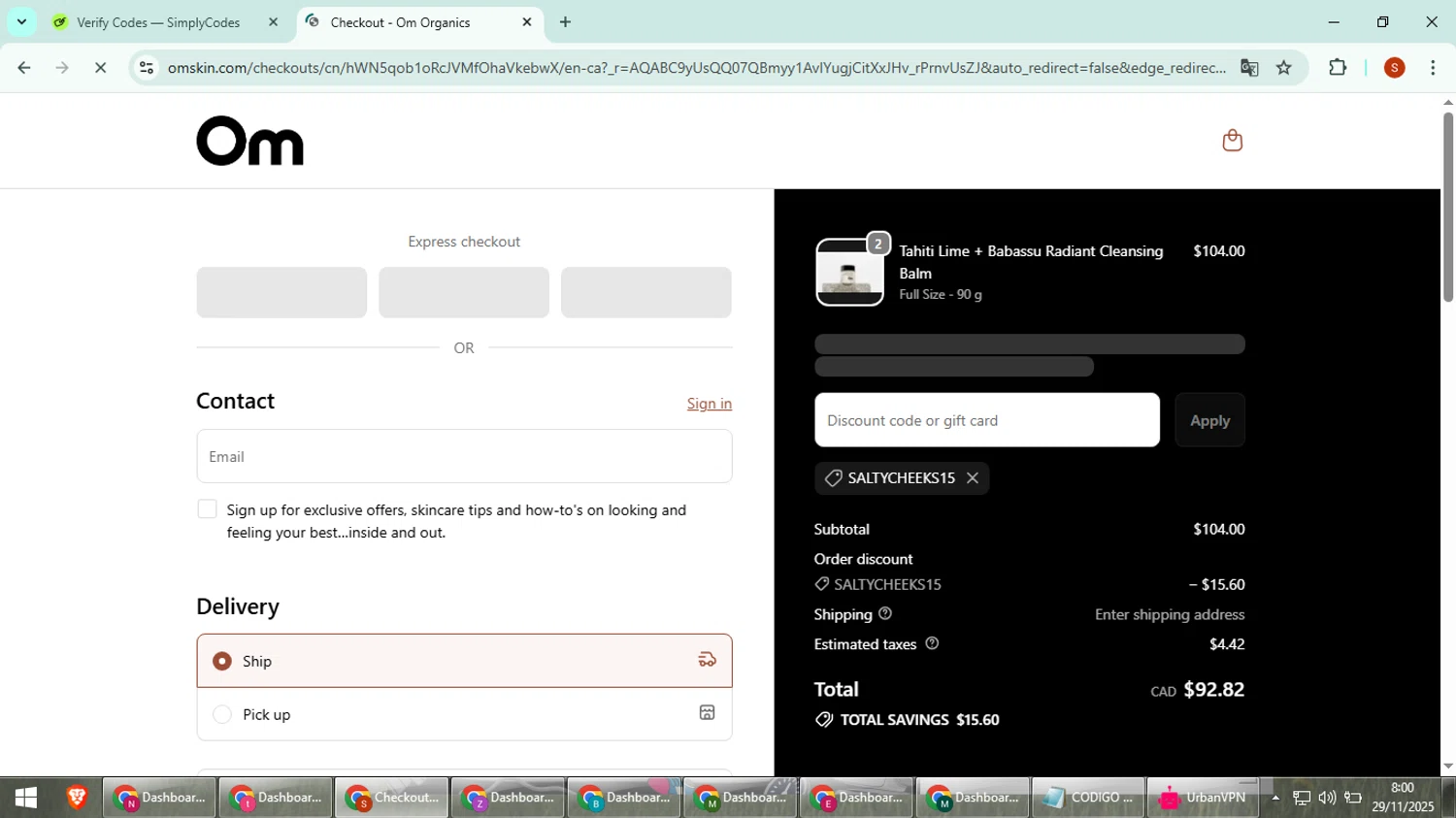 Om Organics discount code screenshot showing code SaltyCheeks15 applied at Om Organics checkout page. Uploaded by SimplyCodes community member CleverTiger4265 on Nov 29, 2025
